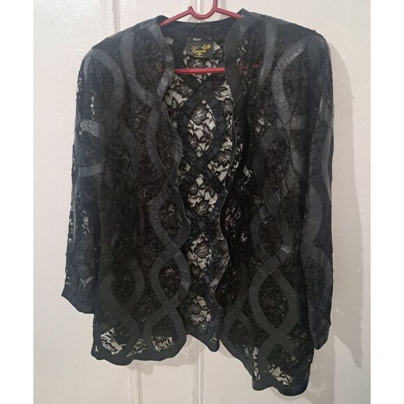 Vintage Kanar Womens xlarge black leather and lace Patchwork Sheer Jacket - Picture 2 of 9